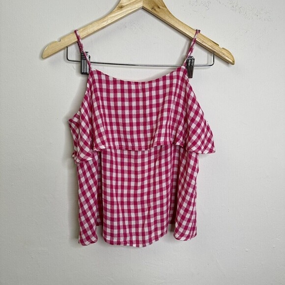 Abound NWT Women's Pink White Checkered Plaid Spaghetti Strap‎ Ruffle Tank Top S - Picture 1 of 7